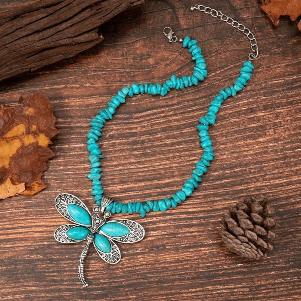 Turquoise Antique Silver-Plated Dragonfly Pendant Necklace